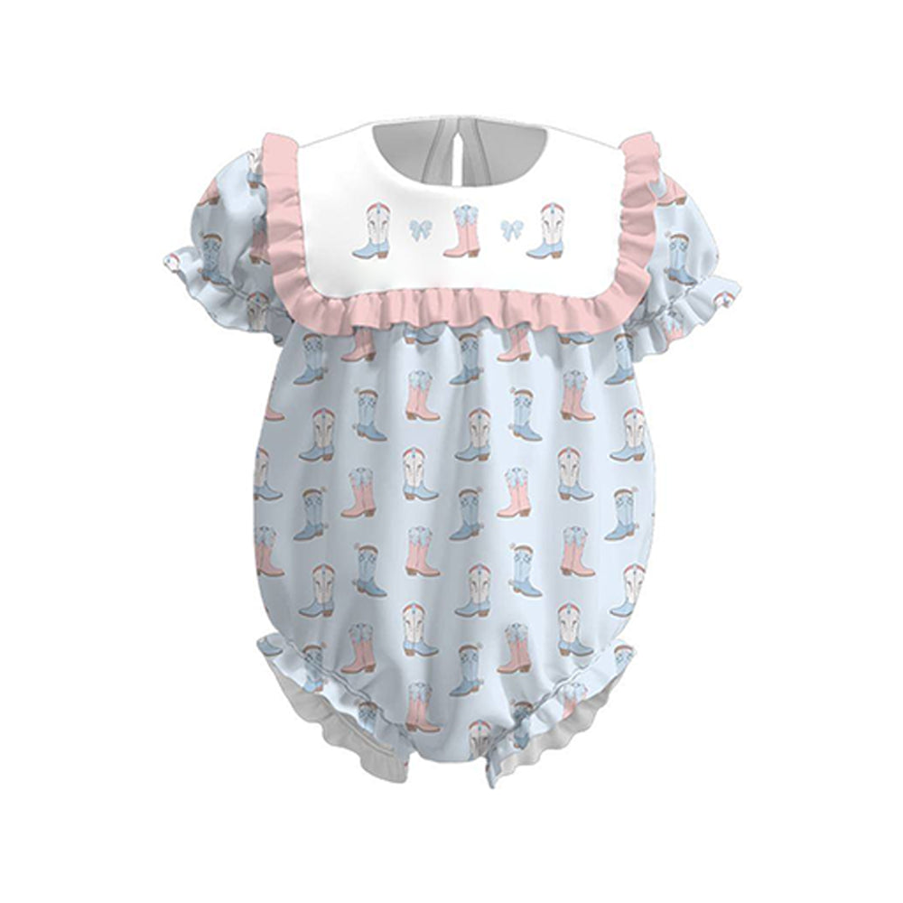 11.5 SR3485 Pre Order No moq Baby Girls Short Ruffle Sleeve Blue Bows Boots Western Rompers