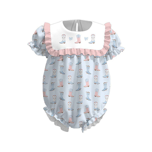 11.5 SR3485 Pre Order No moq Baby Girls Short Ruffle Sleeve Blue Bows Boots Western Rompers