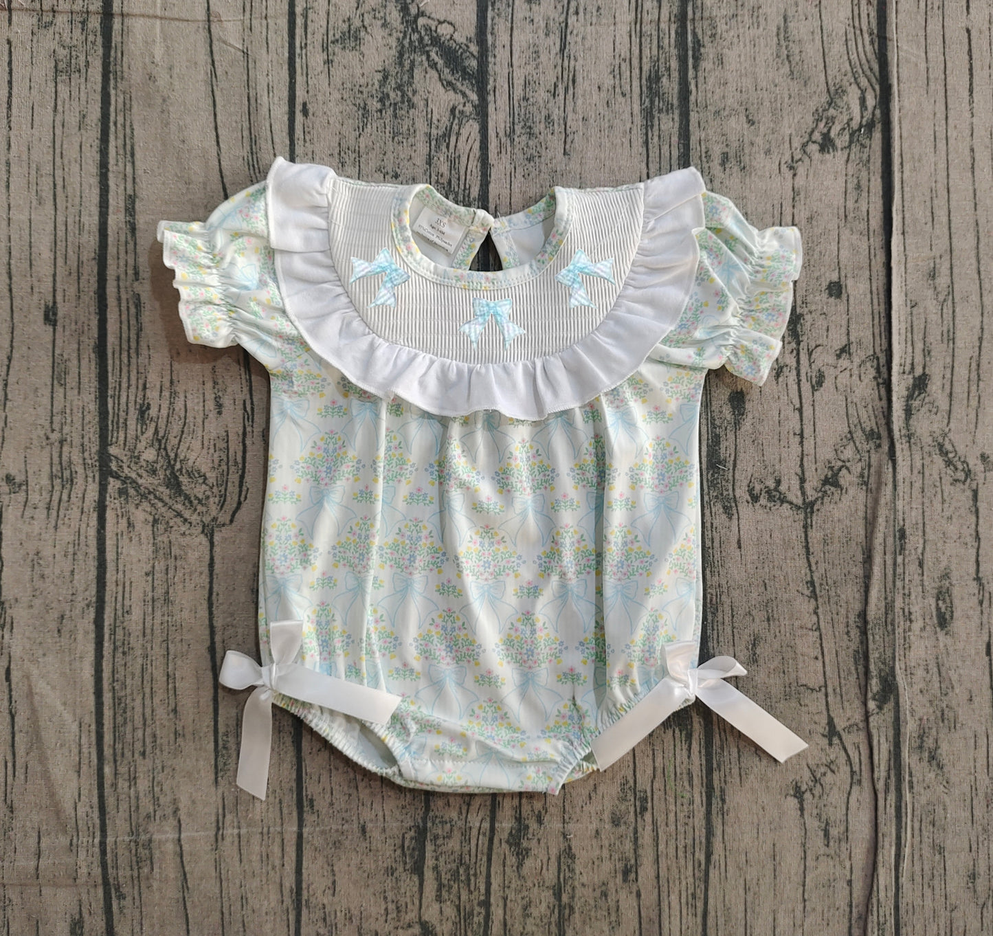12.23 SR3487 Sample No Moq Smocked Bows Baby Girls Short Ruffle Sleeve Flowers Rompers
