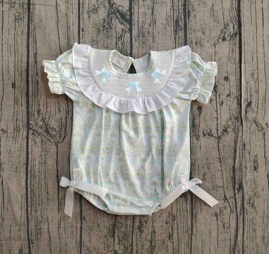12.23 SR3487 Sample No Moq Smocked Bows Baby Girls Short Ruffle Sleeve Flowers Rompers