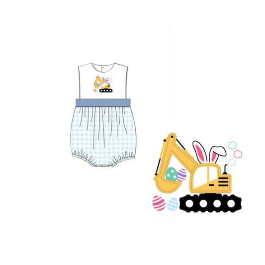 11.6 SR3492 Pre Order No moq Baby Boys Blue Checked Rabbits Excavators Easter Rompers