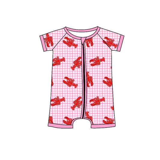 11.6 SR3494 Pre Order No moq Baby Girls Pink Checked Crayfishes Zipper Rompers