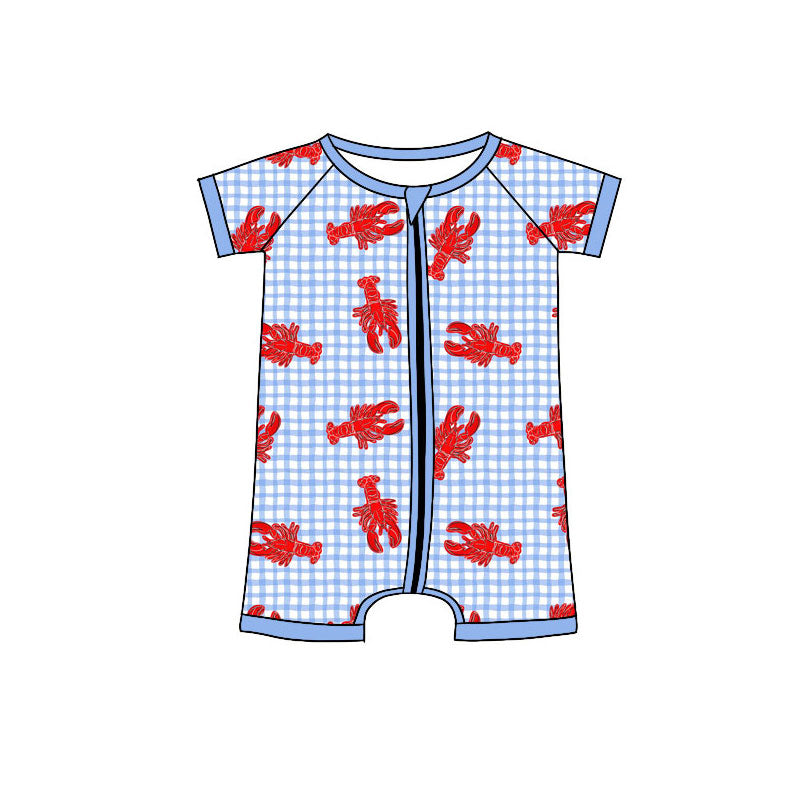 11.6 SR3495 Pre Order No moq Baby Boys Blue Checked Crayfishes Zipper Rompers