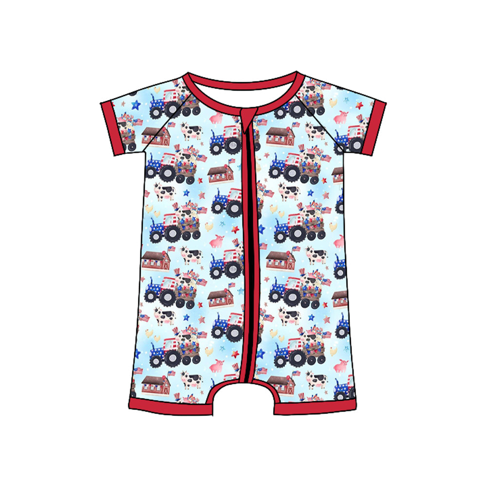 11.6 SR3496 Pre Order No moq Baby Boys Blue Red Trucks Stars Cows Farm July 4th Zipper Rompers