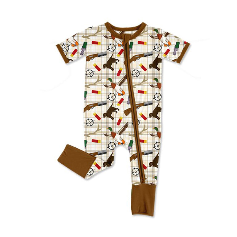11.6 SR3497 Pre Order No moq Baby Boys Khaki Checked Dogs Ducks Hunting Two Way Zip Convertible Rompers