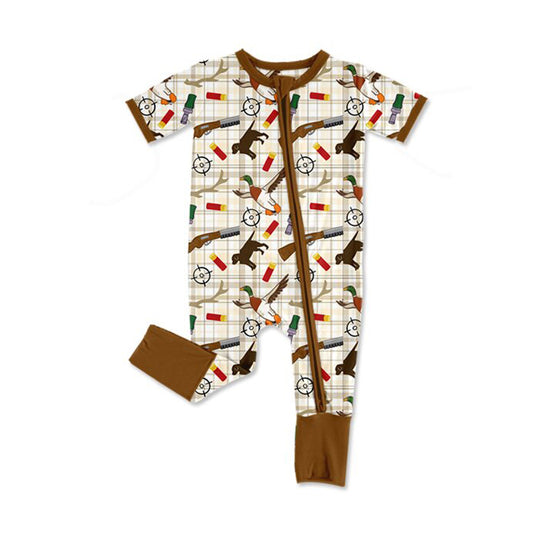 11.6 SR3497 Pre Order No moq Baby Boys Khaki Checked Dogs Ducks Hunting Two Way Zip Convertible Rompers