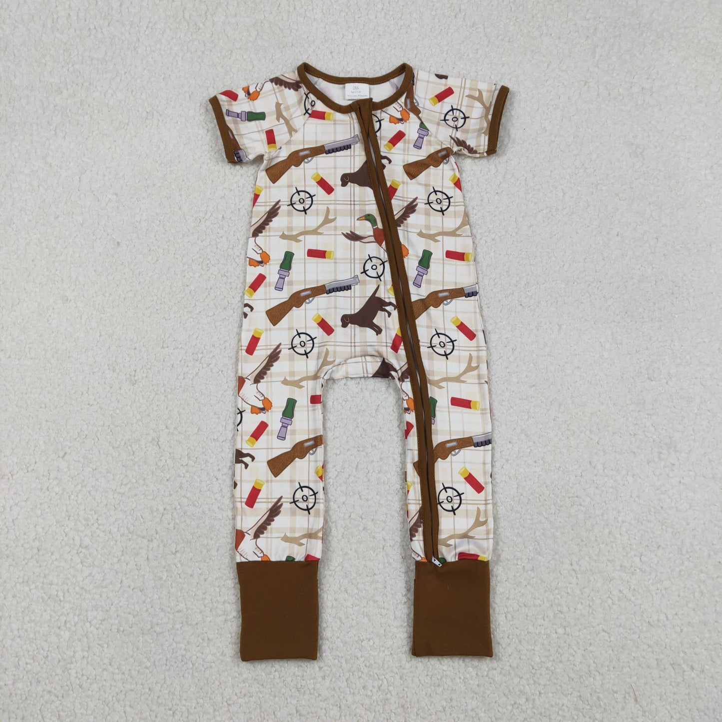 12.17 RTS NO MOQ （In stock）SR3497 Baby Boys Khaki Checked Dogs Ducks Hunting Two Way Zip Convertible Rompers