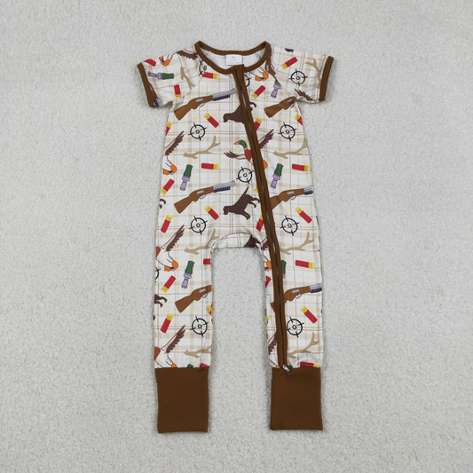12.17 RTS NO MOQ （In stock）SR3497 Baby Boys Khaki Checked Dogs Ducks Hunting Two Way Zip Convertible Rompers