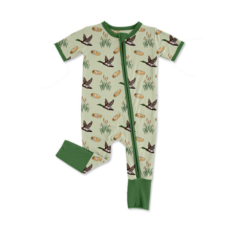 11.6 SR3498 Pre Order No moq Baby Boys Green Ducks Calls Hunting Two Way Zip Convertible Rompers