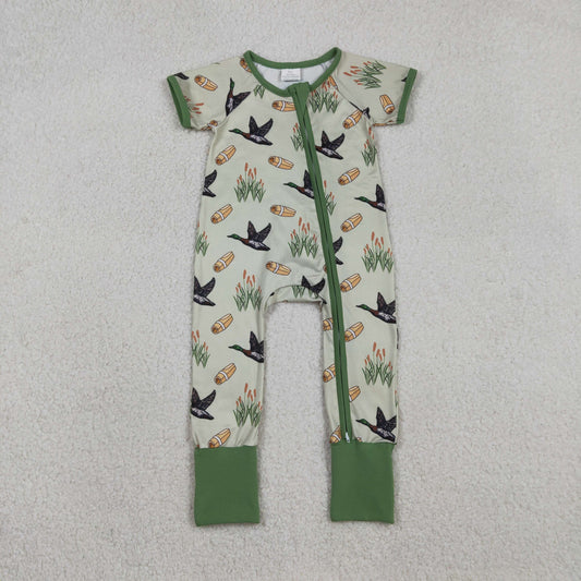 12.17 RTS NO MOQ （In stock）SR3498 Baby Boys Green Ducks Calls Hunting Two Way Zip Convertible Rompers