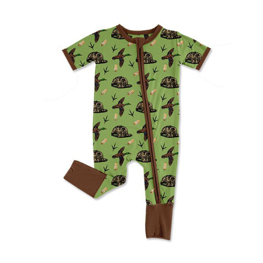 11.6 SR3499 Pre Order No moq Baby Boys Ducks Calls Camo Hats Hunting Two Way Zip Convertible Rompers