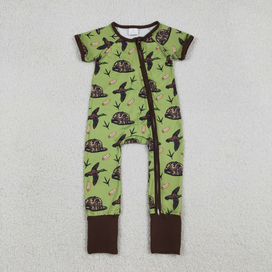 12.22 RTS NO MOQ （In stock）SR3499 Baby Boys Ducks Calls Camo Hats Hunting Two Way Zip Convertible Rompers