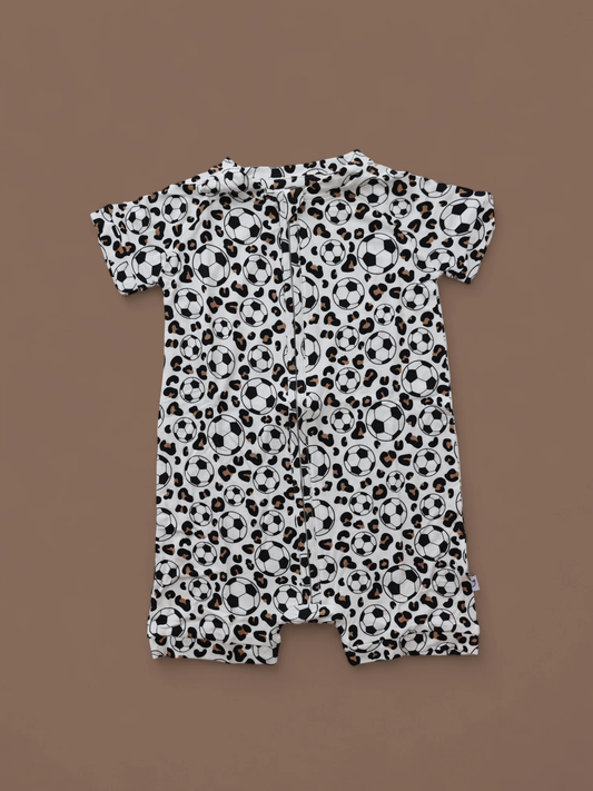 11.7 SR3501 Pre Order No moq Baby Girls Short Sleeve Leopard Footballs Zipper Shorts Rompers