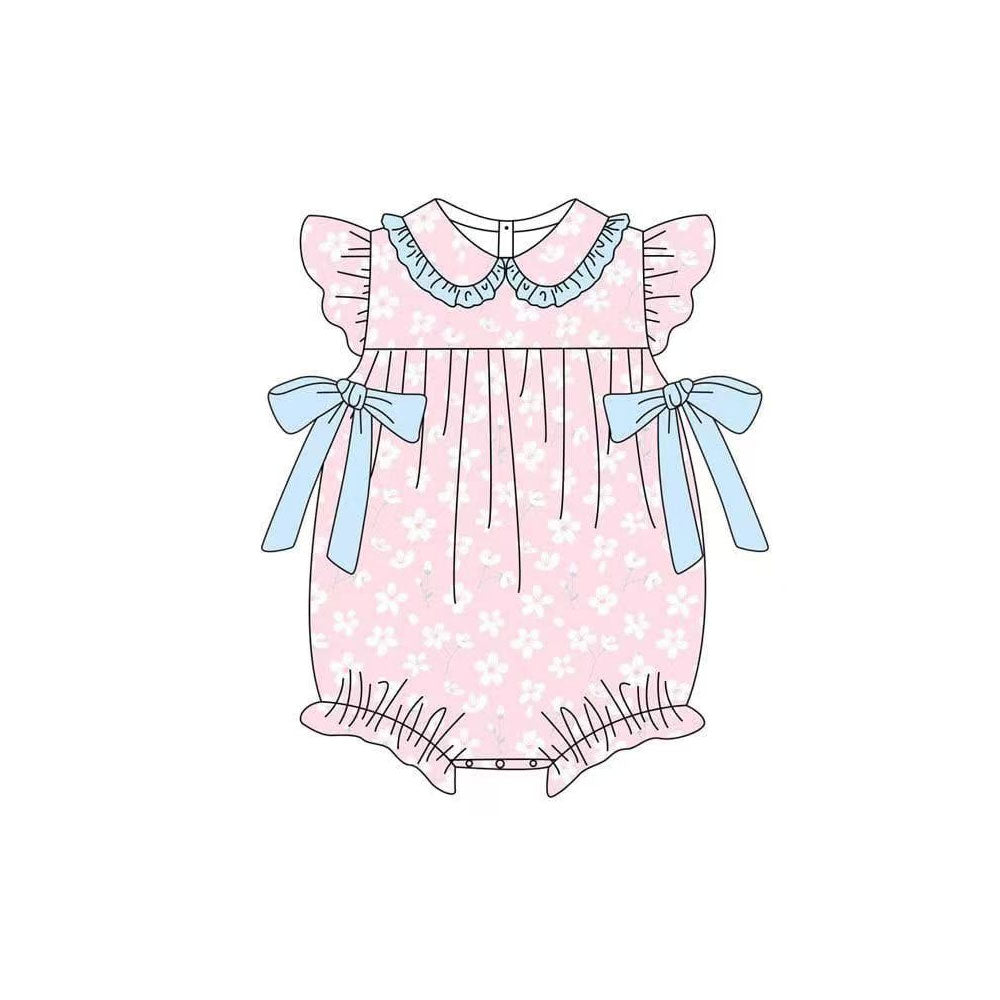 11.7 SR3504 Pre Order No moq Baby Girls Pink Flutter Sleeve Flowers Bows Collar Ruffle Rompers