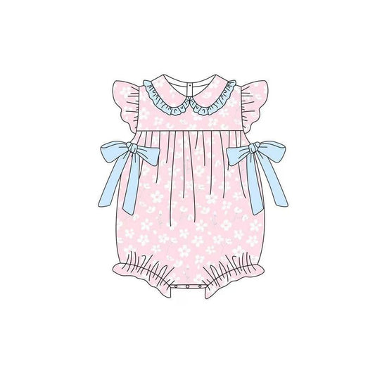 11.7 SR3504 Pre Order No moq Baby Girls Pink Flutter Sleeve Flowers Bows Collar Ruffle Rompers