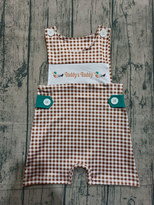 1.21 SR3508 Sample No Moq Embroidery Ducks Daddy Buddy Baby Boys Khaki Checked Hunting Rompers