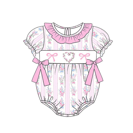 11.10 SR3519 Pre Order No moq Baby Girls Pink Flowers Hearts Stripe Bows Valentine Ruffle Rompers