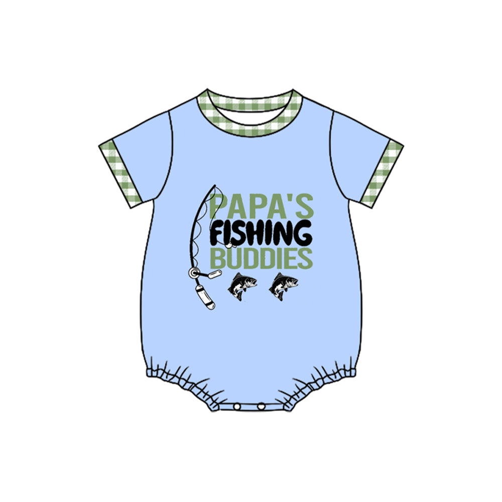 11.11 SR3530 Pre Order No moq Baby Boys Blue Short Sleeve Papa's Fishing Hunting Rompers
