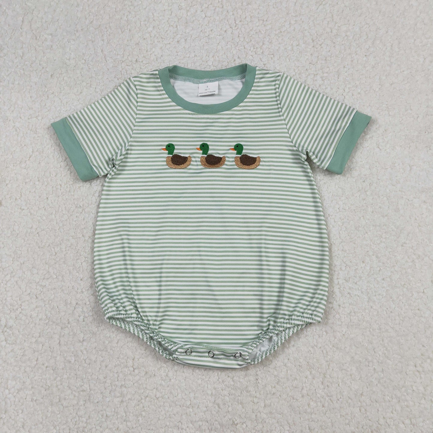 12.24 RTS NO MOQ （In stock）SR3531 Baby Boys Rompers Embroidery Ducks Baby Boys Green Stripe Short Sleeve Hunting Rompers