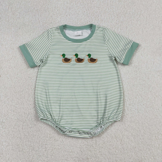 12.24 RTS NO MOQ （In stock）SR3531 Baby Boys Rompers Embroidery Ducks Baby Boys Green Stripe Short Sleeve Hunting Rompers