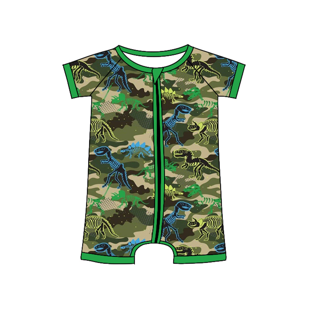 11.12 SR3535 Pre Order No moq Baby Boys Green Camo Dinosaurs Hunting Zipper Shorts Rompers