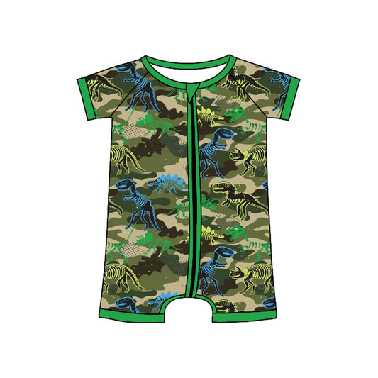 11.12 SR3535 Pre Order No moq Baby Boys Green Camo Dinosaurs Hunting Zipper Shorts Rompers