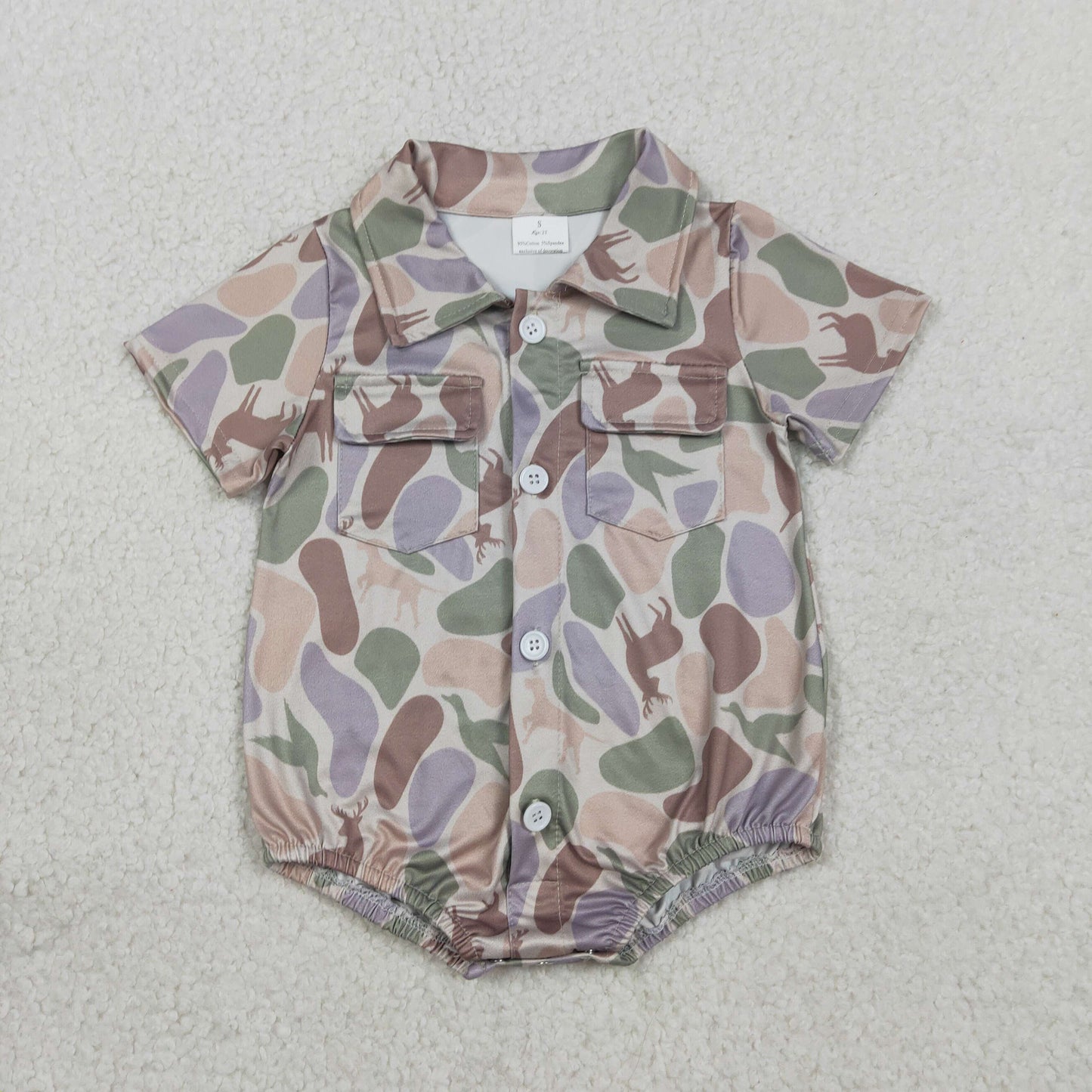 2.7 RTS NO MOQ （In stock）SR3544 Baby Boys Ducks Dogs Deer Camo Pockets Button Hunting Rompers