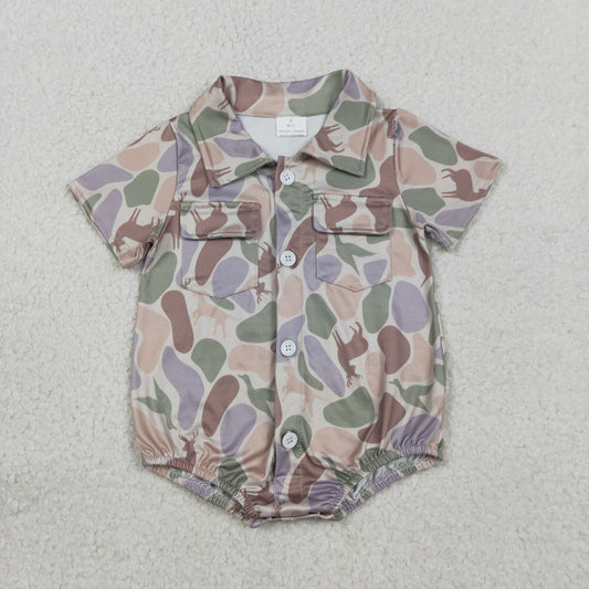 2.7 RTS NO MOQ （In stock）SR3544 Baby Boys Ducks Dogs Deer Camo Pockets Button Hunting Rompers