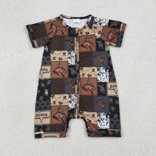 4.1 SR3545 RTS NO MOQ （In stock) Short sleeves cow rodeo baby boy zipper romper