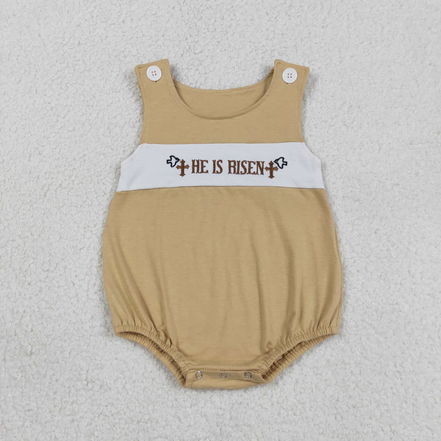 3.14 RTS NO MOQ （In stock）SR3547 Children's Fashion Romper Baby Boys Sleeveless Embroidery He is Risen Crosses Rompers