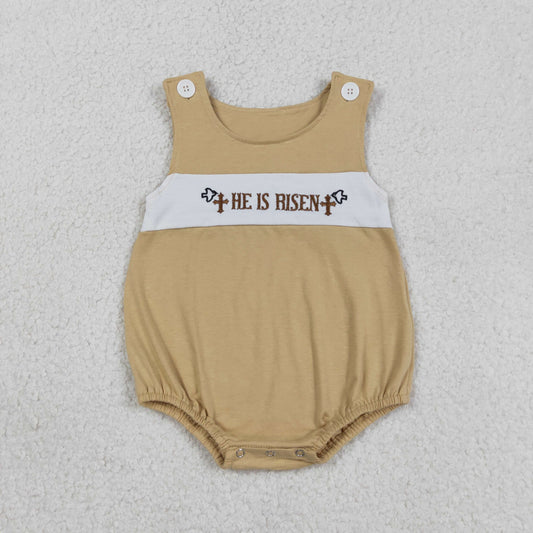 3.14 RTS NO MOQ （In stock）SR3547 Children's Fashion Romper Baby Boys Sleeveless Embroidery He is Risen Crosses Rompers