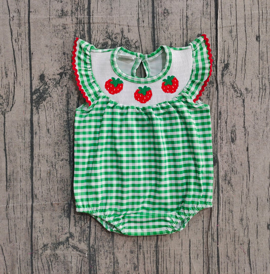 11.25 SR3550 Sample No Moq Smocked Strawberry Baby Girls Green Checked Ruffle Rompers
