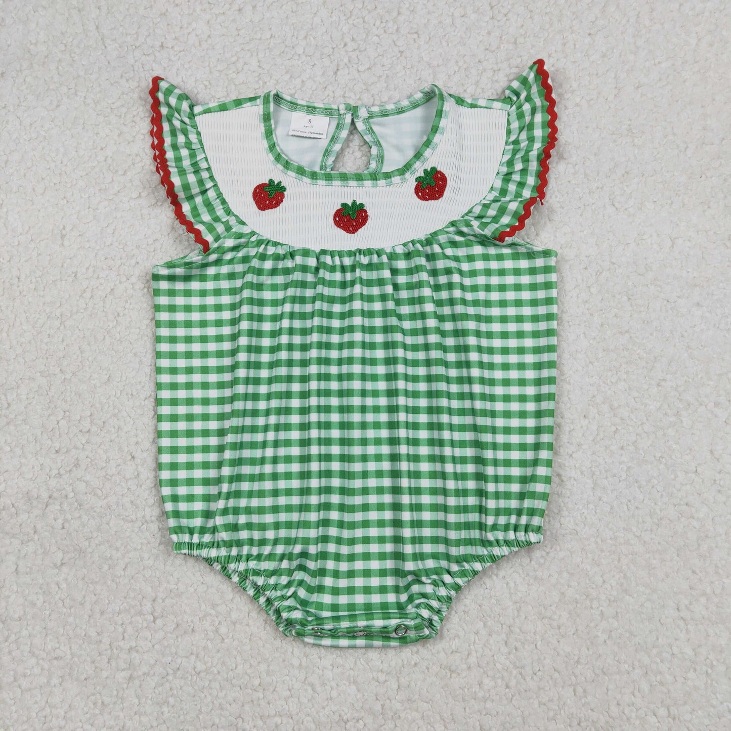 12.24 RTS NO MOQ （In stock）SR3550 Smocked Strawberry Baby Girls Green Checked Ruffle Rompers