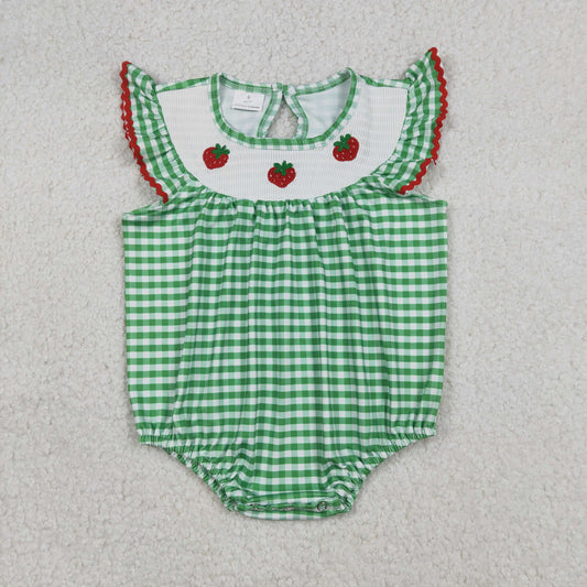 12.24 RTS NO MOQ （In stock）SR3550 Smocked Strawberry Baby Girls Green Checked Ruffle Rompers