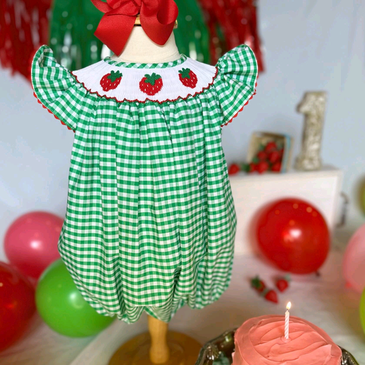 11.15 SR3550 Pre Order No moq Baby Girls Green Checked Strawberry Ruffle Rompers