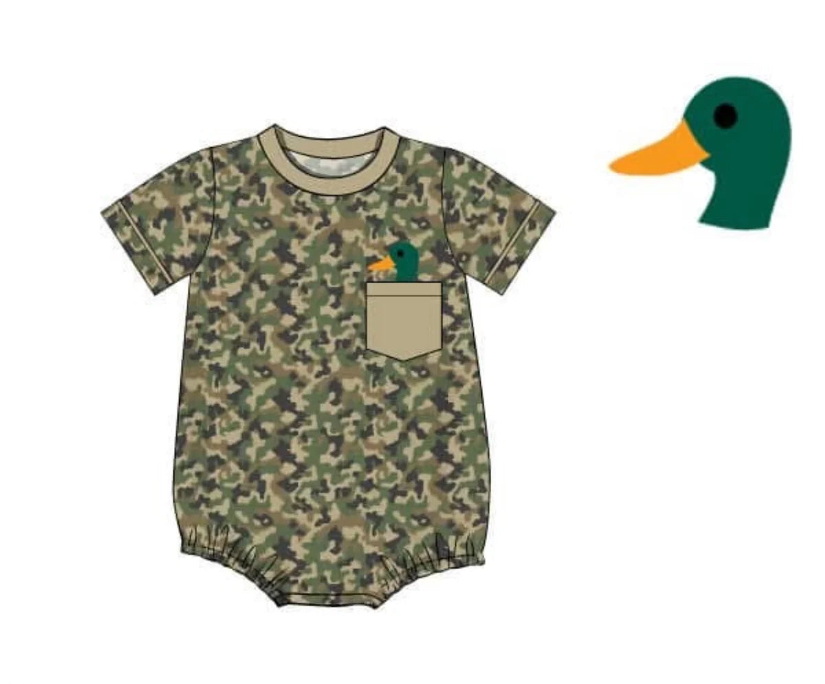 11.15 SR3557 Pre Order No moq Baby Boys Green Camo Duck Pockets Hunting Rompers