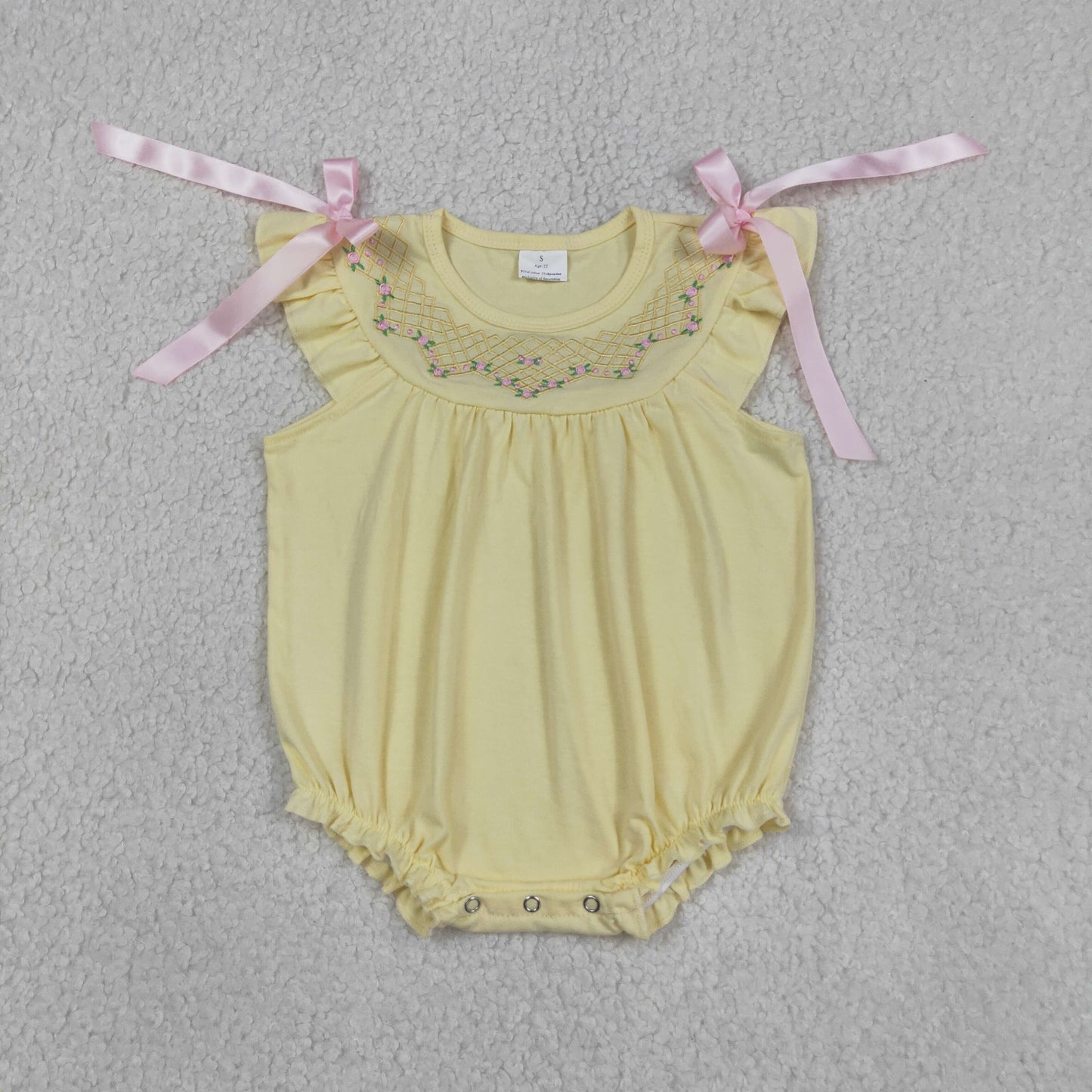 SR3561 RTS NO MOQ （In stock）Flutter sleeves yellow floral embroidery baby girls romper