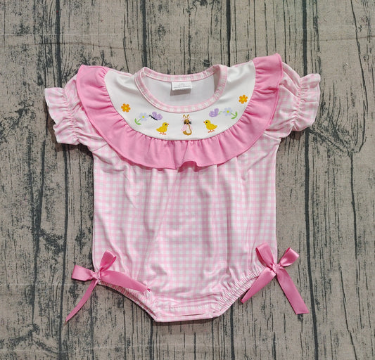 11.26 SR3565 Sample No Moq Baby Girls Pink Checked Rabbits Chicks Easter Ruffle Rompers