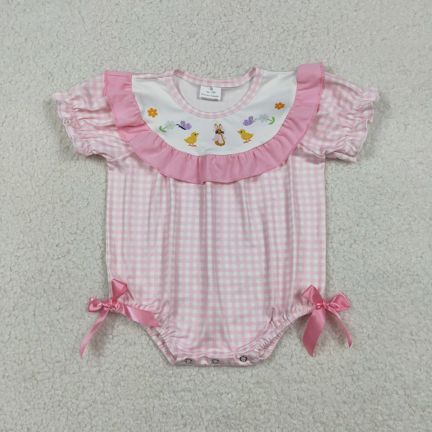 12.24 RTS NO MOQ （In stock）SR3565 Baby Girls Pink Checked Rabbits Chicks Easter Ruffle Rompers
