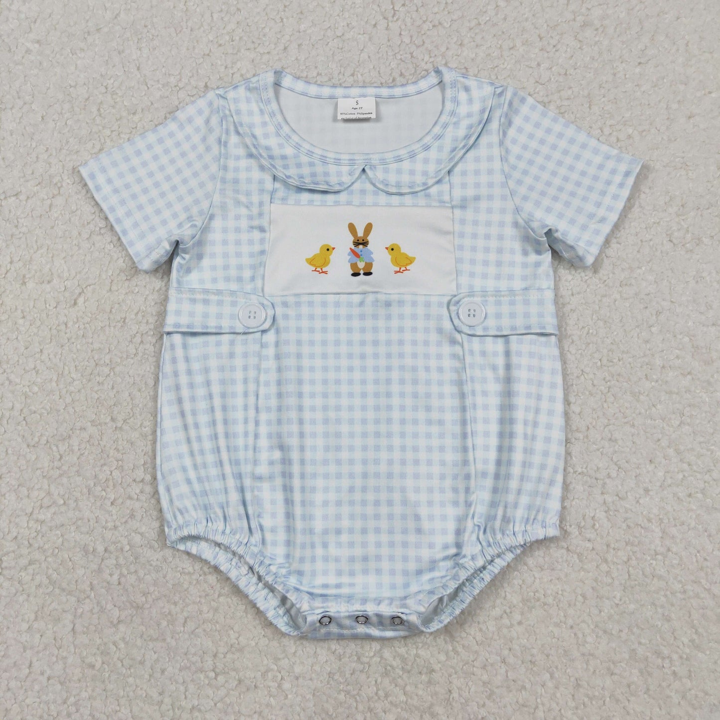 12.29 RTS NO MOQ （In stock）SR3566 Baby Boys Rompers Baby Girls Blue Checked Rabbits Chicks Easter Collar Rompers