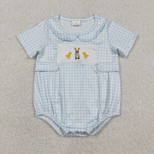 12.29 RTS NO MOQ （In stock）SR3566 Baby Boys Rompers Baby Girls Blue Checked Rabbits Chicks Easter Collar Rompers