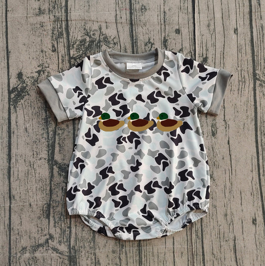12.11 SR3571 Sample No Moq Embroidery Ducks Baby Boys Short Sleeve Grey Camo Hunting Rompers