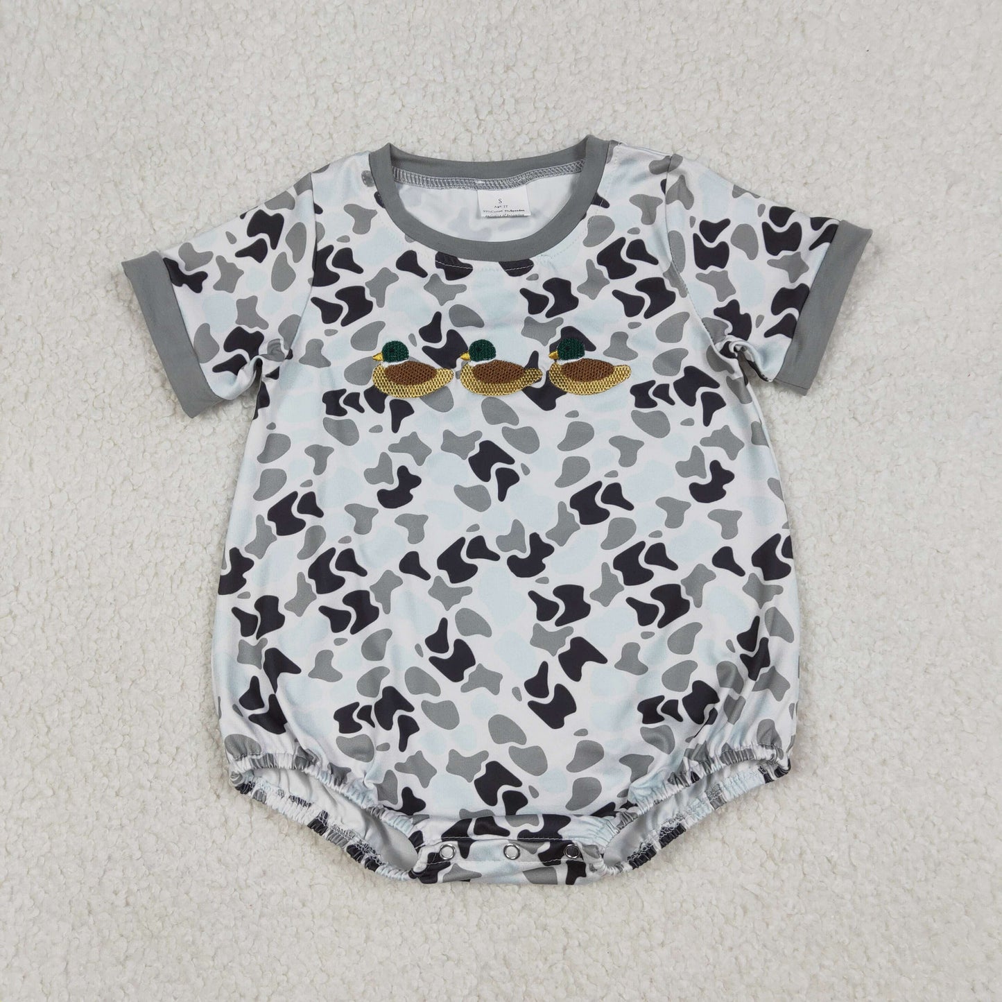 1.9 RTS NO MOQ （In stock）SR3571 Baby Boys Rompers Embroidery Ducks Baby Boys Southern Grey Camo Hunting Rompers