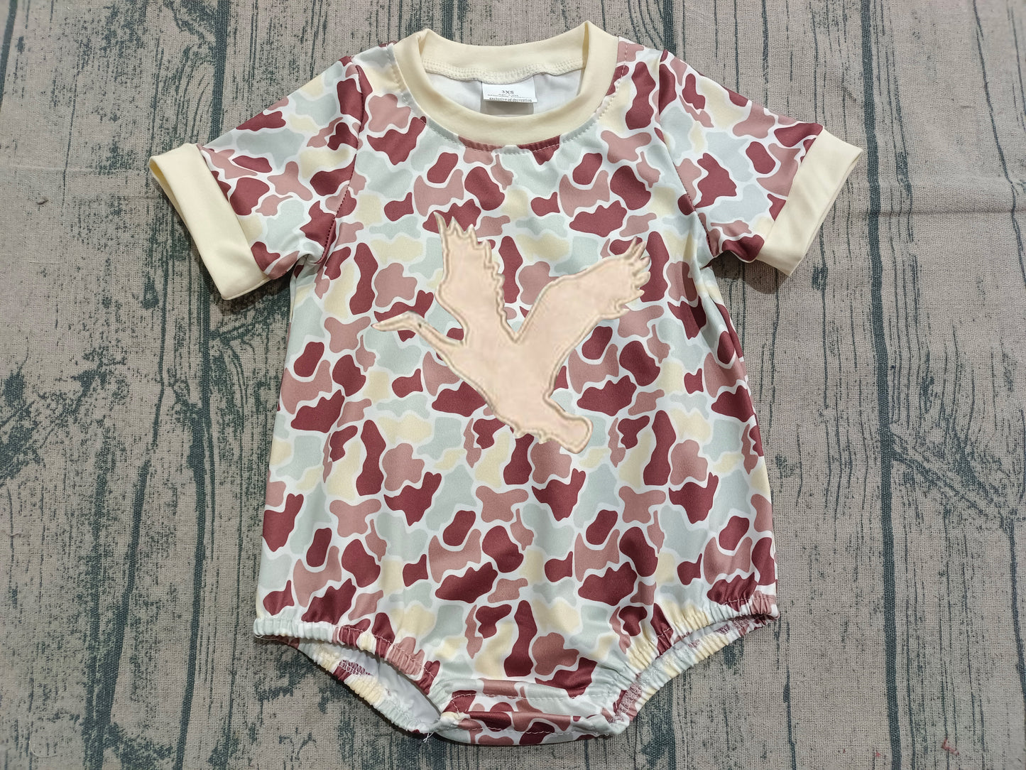 12.9 SR3572 Sample No Moq Embroidery Ducks Baby Boys Southern Khaki Camo Hunting Rompers