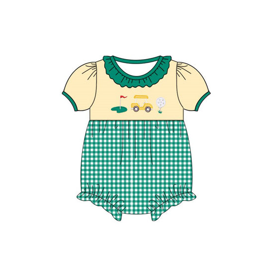 11.18 SR3575 Pre Order No moq Baby Girls Short Sleeve Golf Trucks Checked Collar Ruffle Rompers