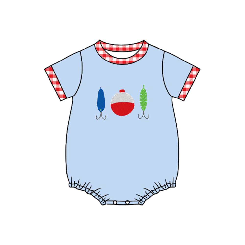 11.19 SR3577 Pre Order No moq Baby Boys Blue Short Sleeve Fishing Hunting Rompers