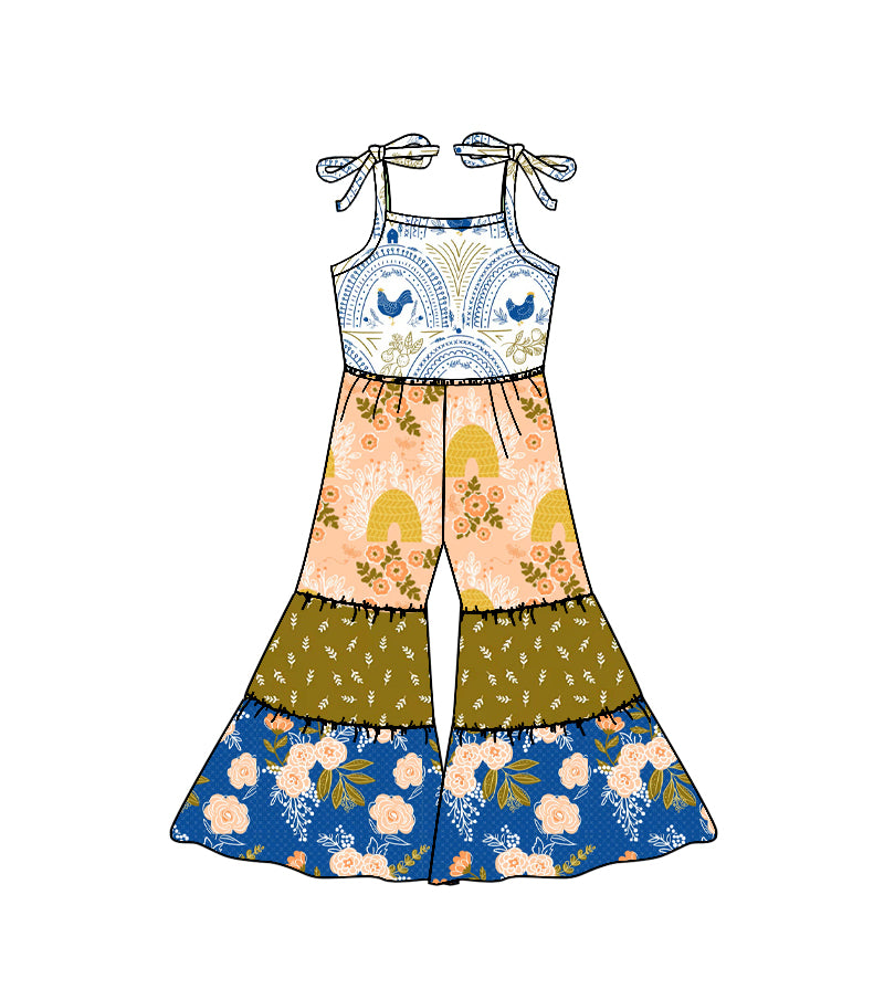 11.20 SR3582 Pre order No Moq Baby Girls Strap Farm Chicks Floral Patchwork Bell Bottom Jumpsuits