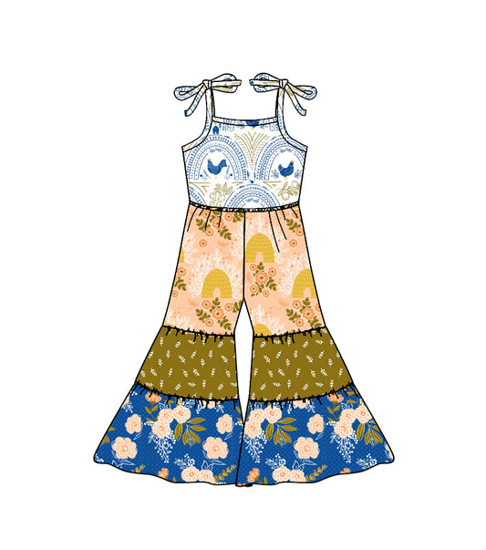 11.20 SR3582 Pre order No Moq Baby Girls Strap Farm Chicks Floral Patchwork Bell Bottom Jumpsuits