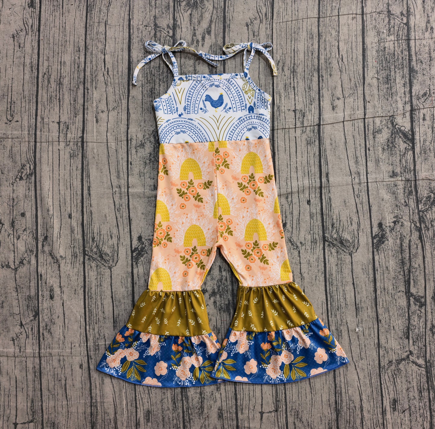 1.7 SR3582 Pre order No Moq Baby Girls Strap Farm Chicks Floral Patchwork Bell Bottom Jumpsuits