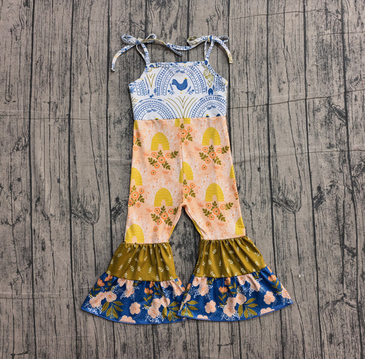 1.7 SR3582 Pre order No Moq Baby Girls Strap Farm Chicks Floral Patchwork Bell Bottom Jumpsuits